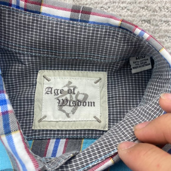 Age of Wisdom Shirt Men Medium M Blue Gray Plaid Multicolor Pear Snap Button Up - Picture 2 of 7